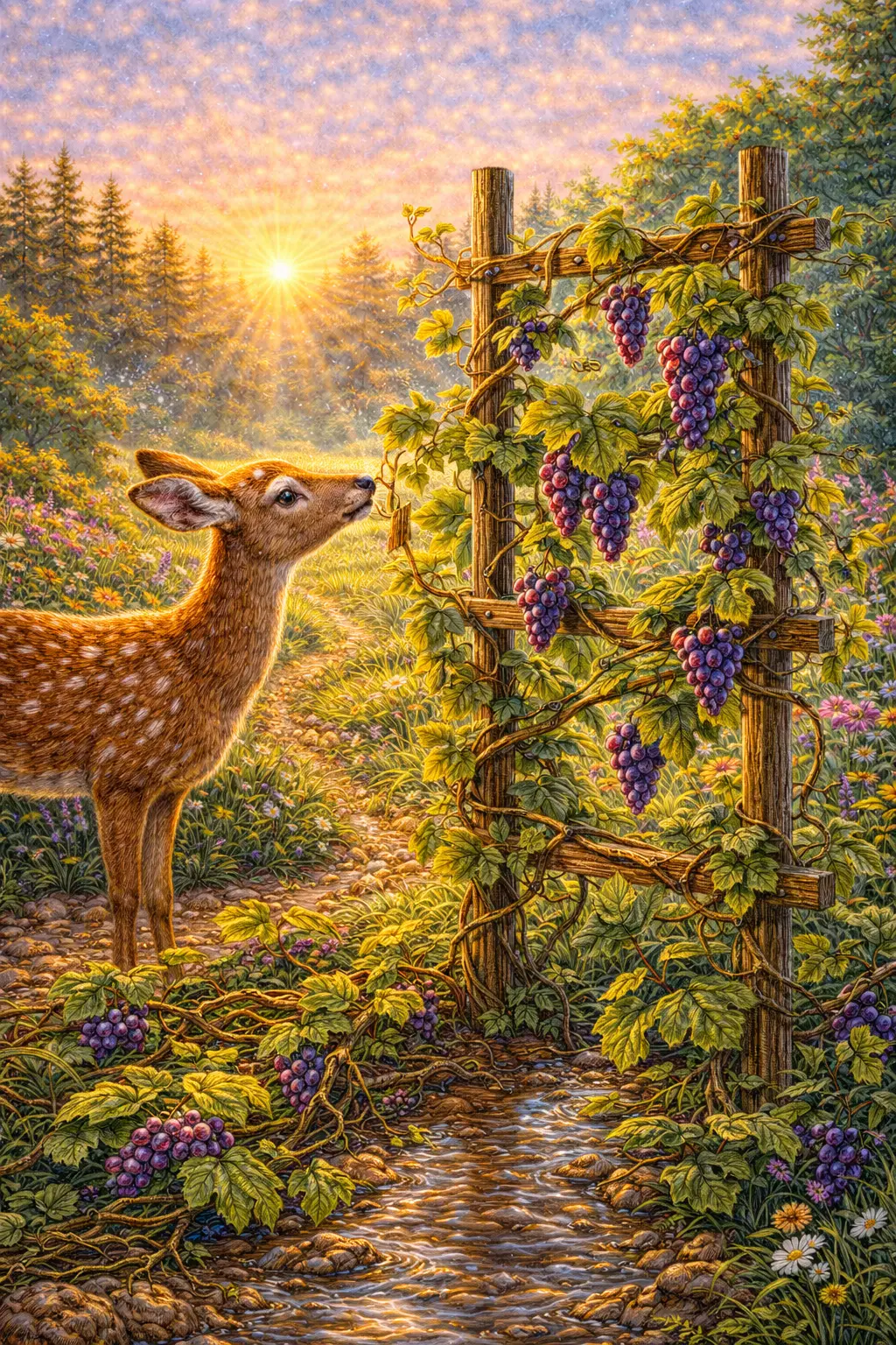 A climbing vine guided by a patient deer in a sunlit meadow