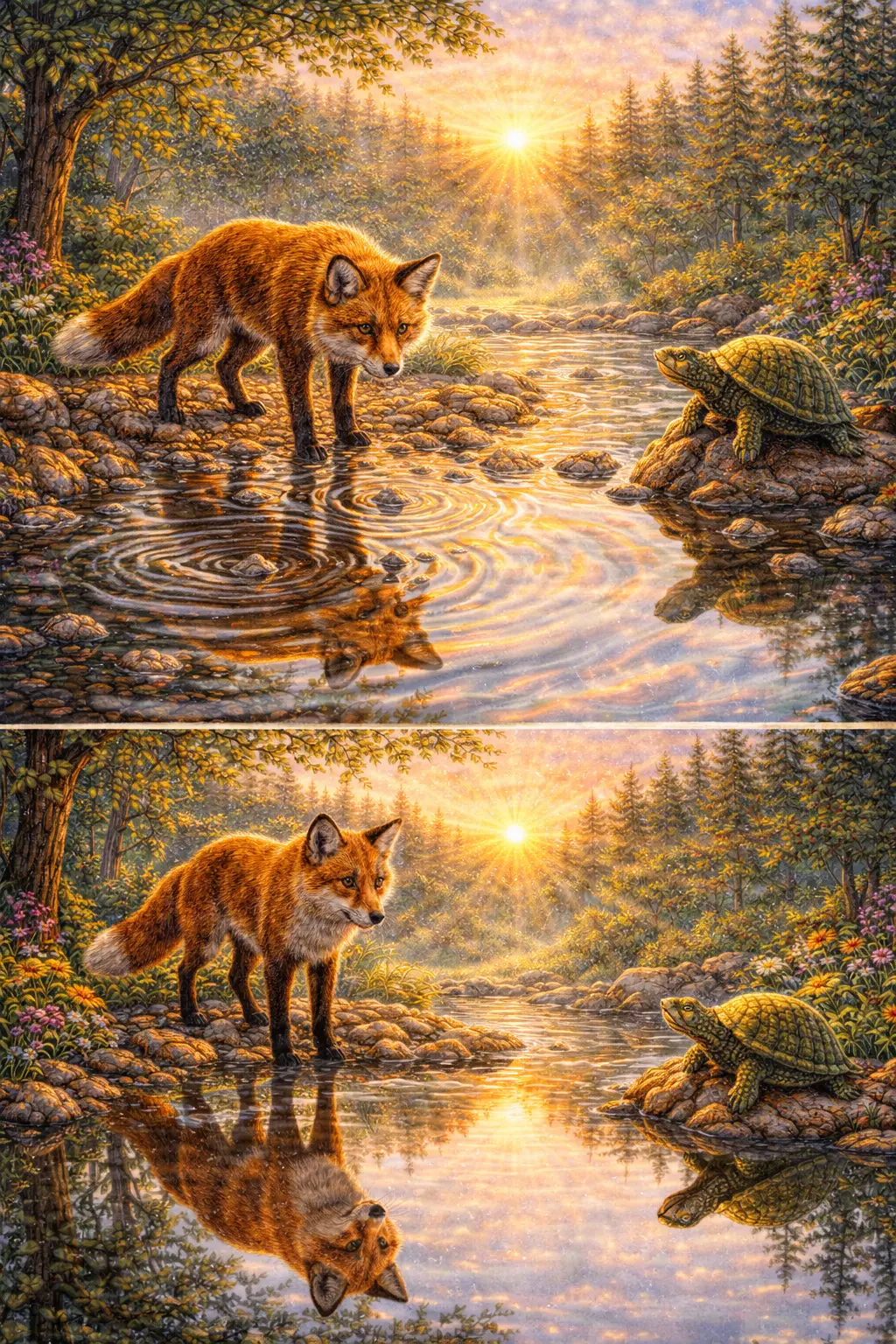 A fox sitting beside a clear, still pond in a quiet forest
