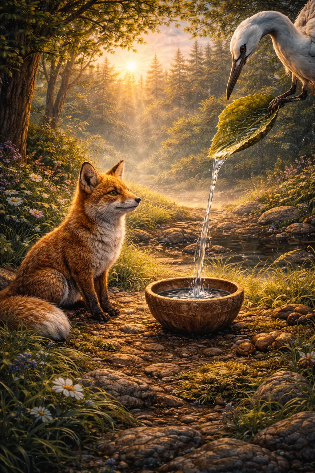 A small fox beside a wooden bowl as a crane pours clear water