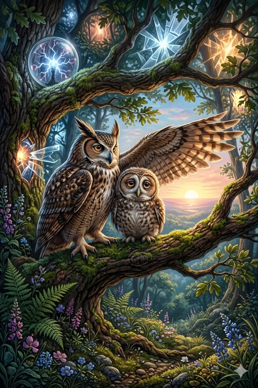 A young owl in a tree surrounded by flickering lights, an elder owl pointing toward the steady dawn