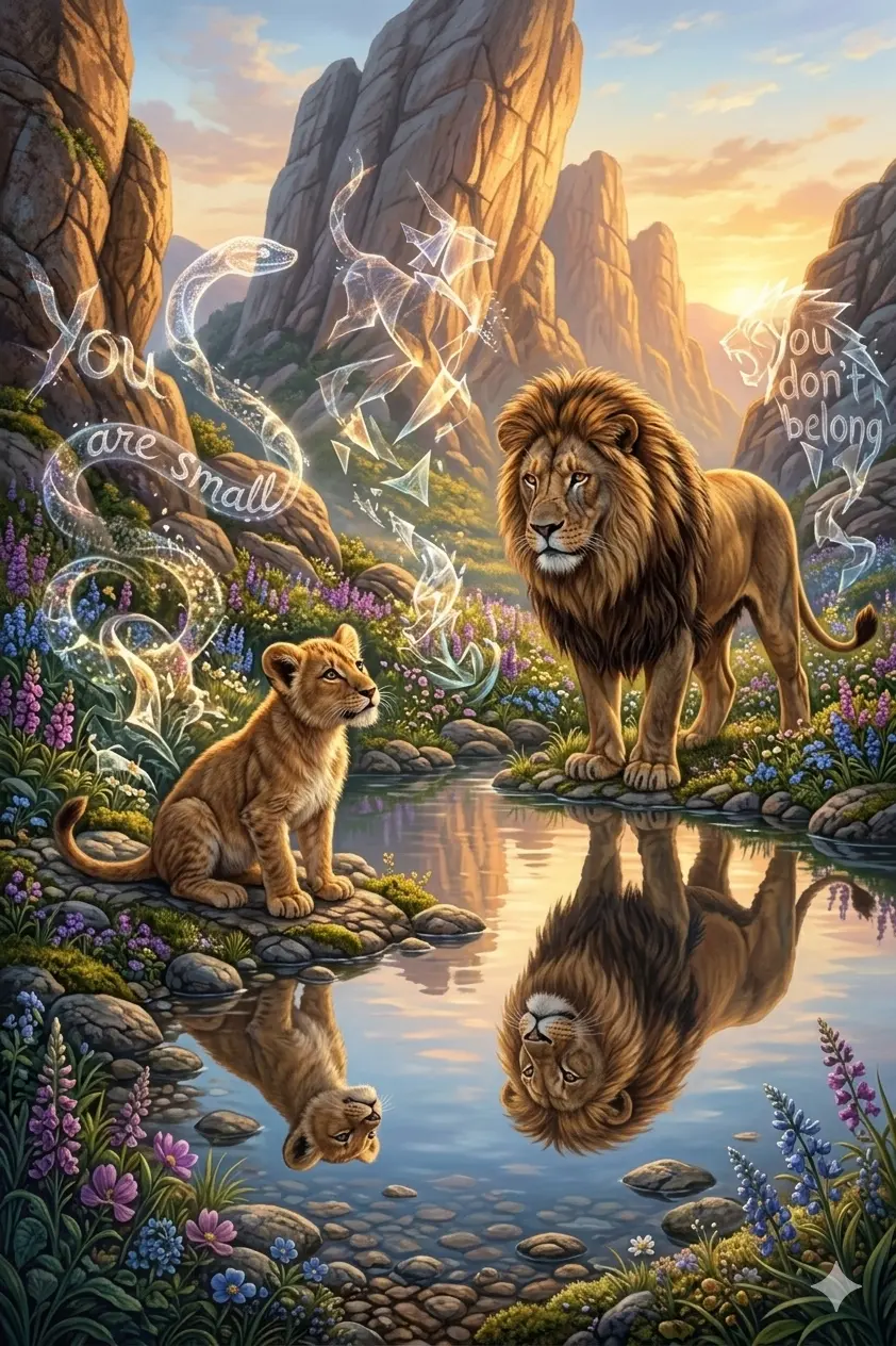 A young lion cub gazing at his reflection in a still lake, an elder lion standing beside him in a wide valley