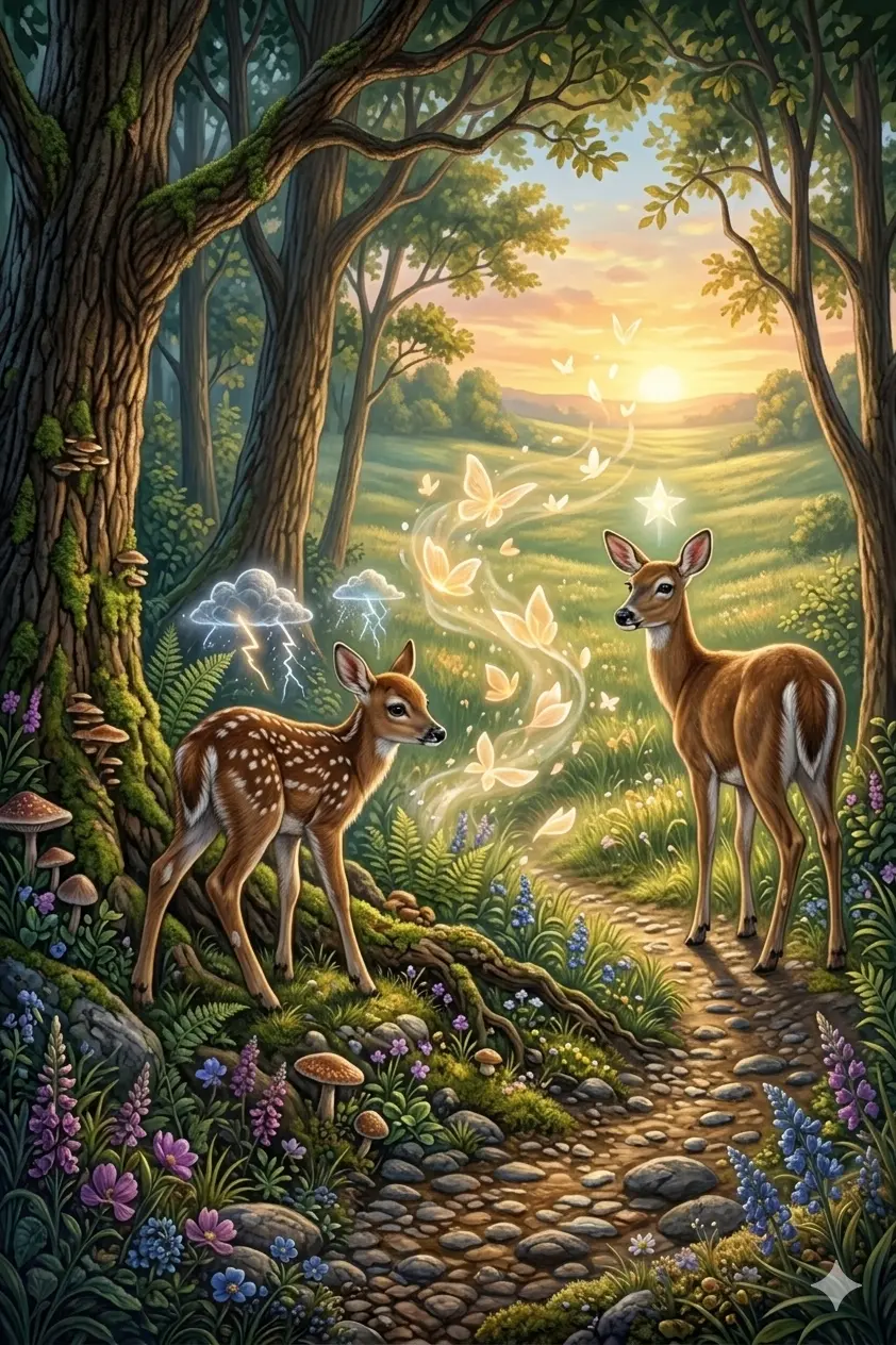 A young fawn at the edge of a dark forest gazing toward a sunlit meadow, an older doe standing in the warm light