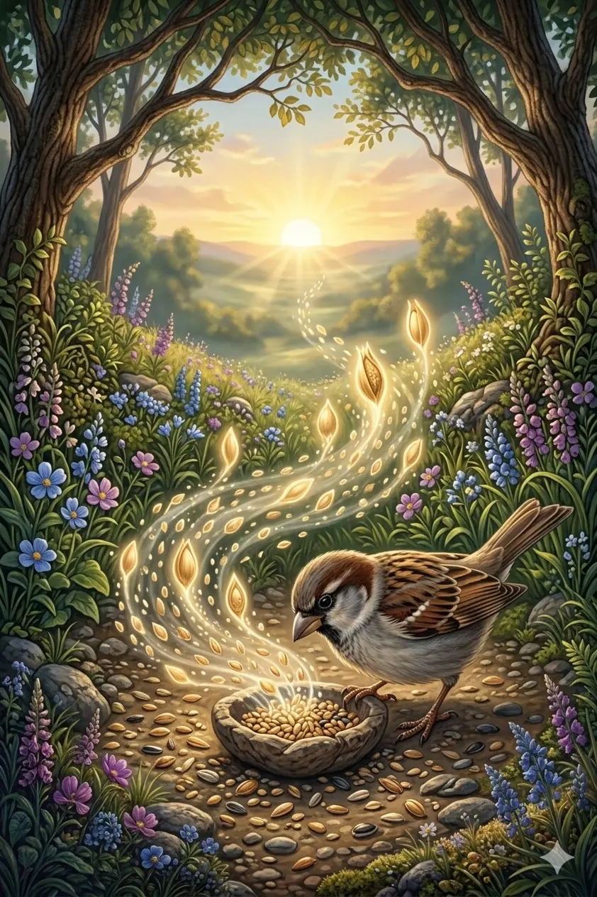 A small sparrow resting in a sunlit field scattered with seeds, looking down with contentment