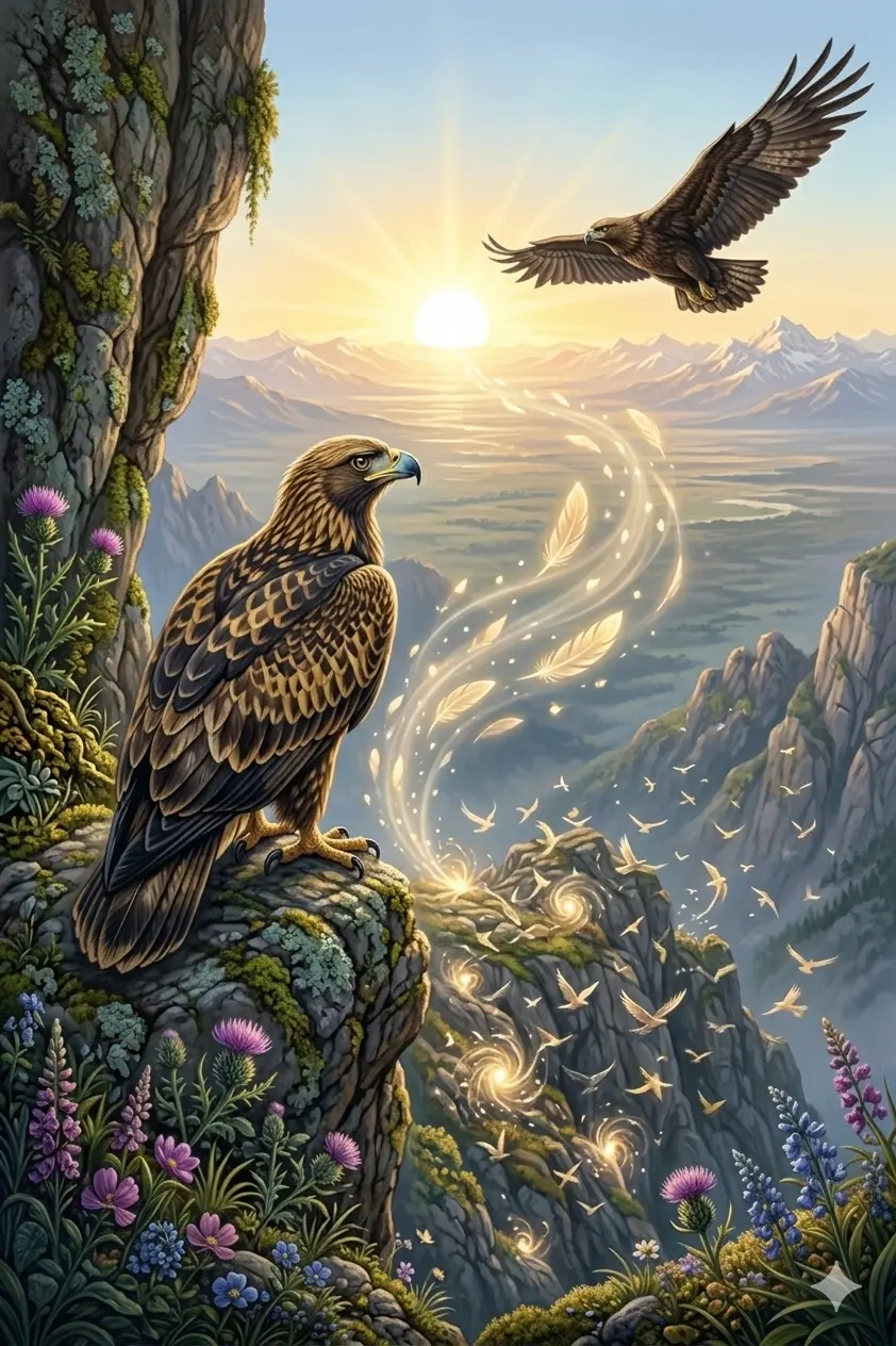 A young eagle soaring high above scattered birds toward a vast golden horizon