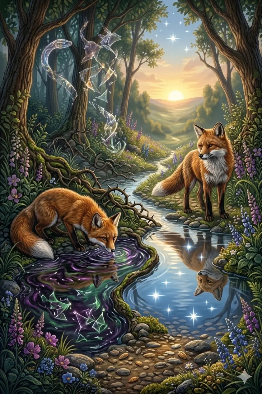 A young fox beside a dark clouded stream at night, an older fox standing by a clear stream with sharp star reflections
