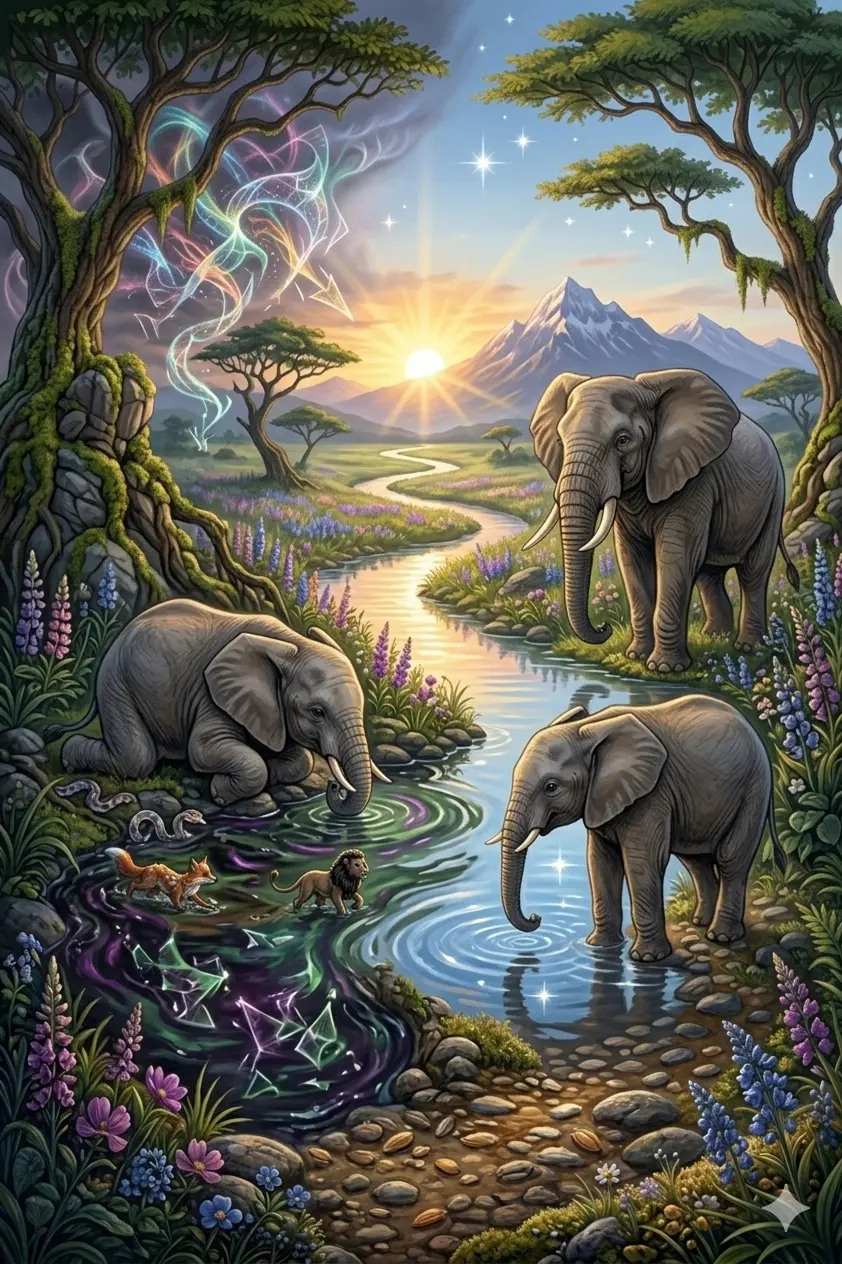 A young elephant at a murky waterhole, an older elephant near a crystal-clear spring on the African plains